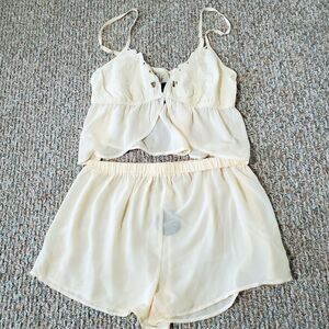 Lulus Camisole And Shorts Sleep Set Womens Size Medium Beige Sheer Floral New